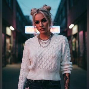 UNIF Ivory Cable Knit Cropped Sweater - Rare Alt Grunge - NWOT